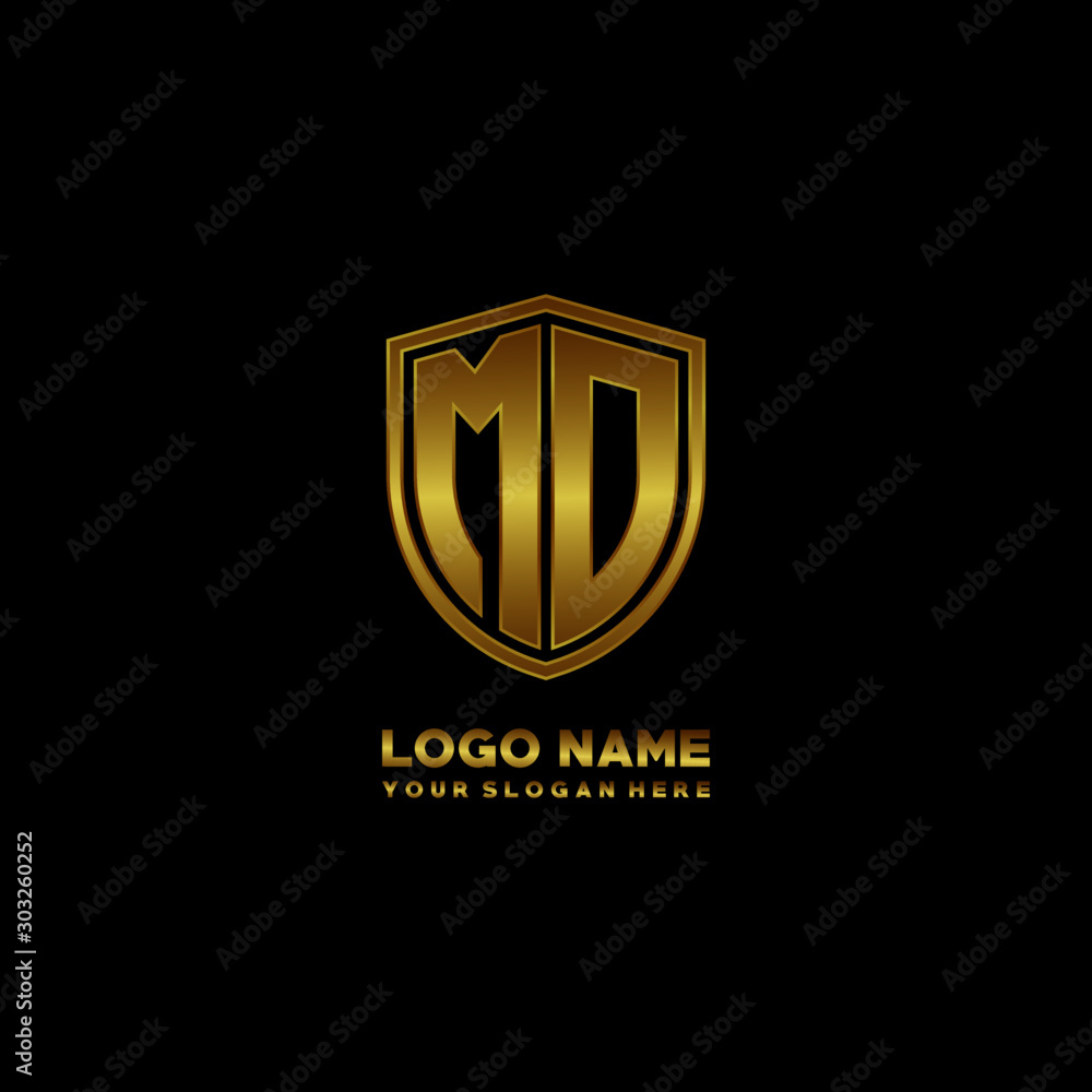 Initial letters MO shield shape gold monogram logo. Shield Secure Safe logo design inspiration Initial letters MO shield shape gold monogram logo. Shield Secure Safe logo design inspiration