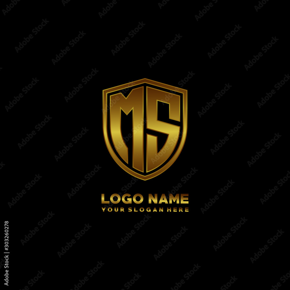 Initial letters MS shield shape gold monogram logo. Shield Secure Safe ...