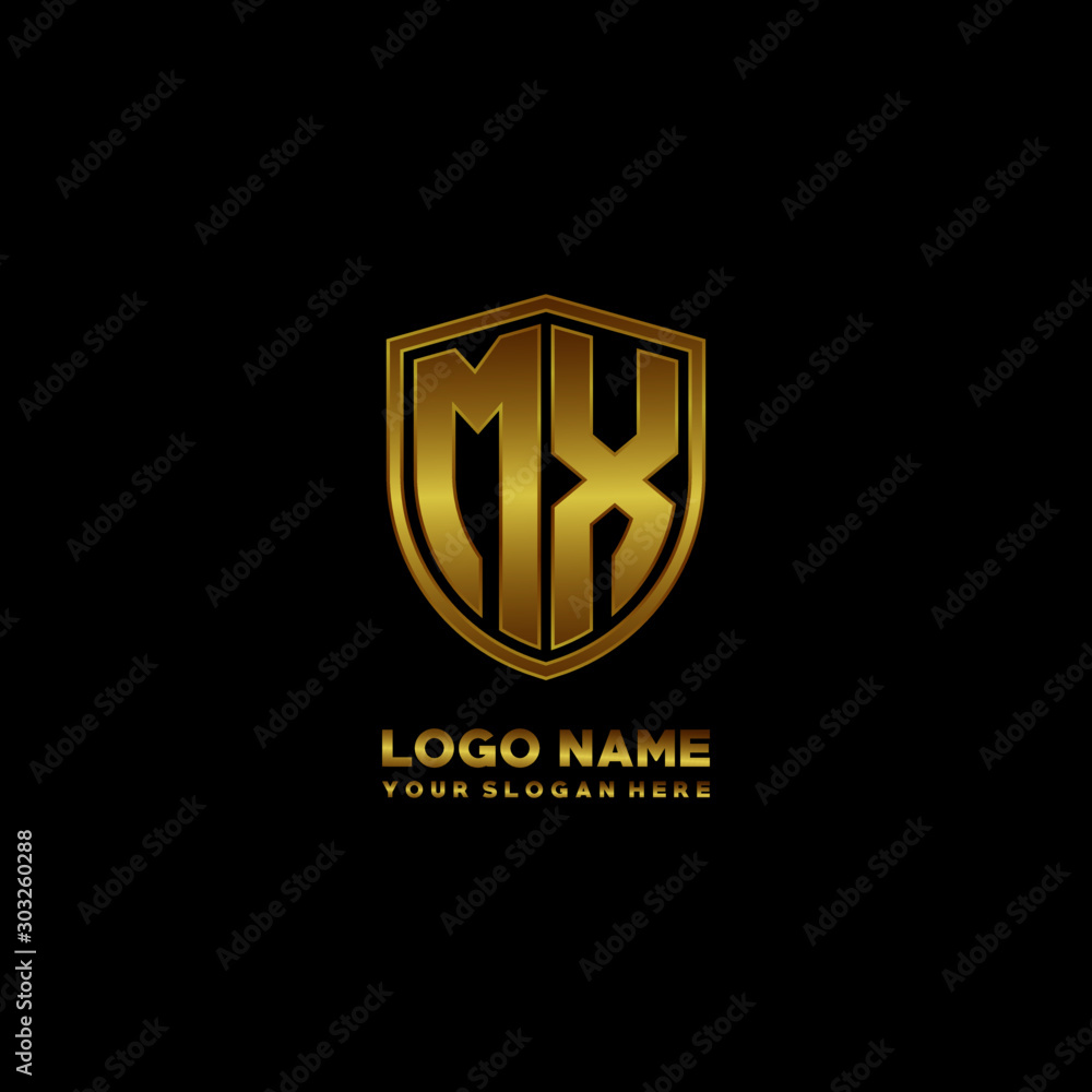 Initial letters MX shield shape gold monogram logo. Shield Secure Safe logo design inspiration Initial letters MX shield shape gold monogram logo. Shield Secure Safe logo design inspiration