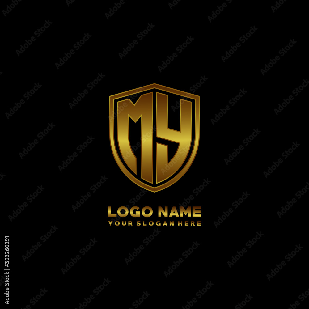 Initial letters MY shield shape gold monogram logo. Shield Secure Safe logo design inspiration Initial letters MY shield shape gold monogram logo. Shield Secure Safe logo design inspiration