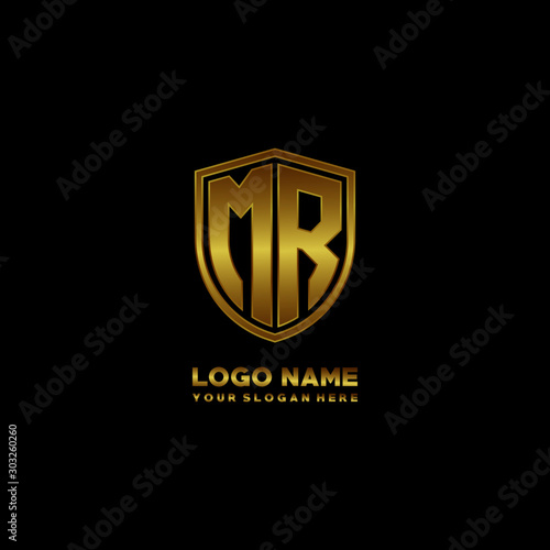 Initial letters MR shield shape gold monogram logo. Shield Secure Safe logo design inspiration