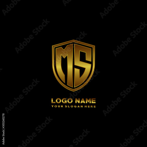 Initial letters MS shield shape gold monogram logo. Shield Secure Safe logo design inspiration
