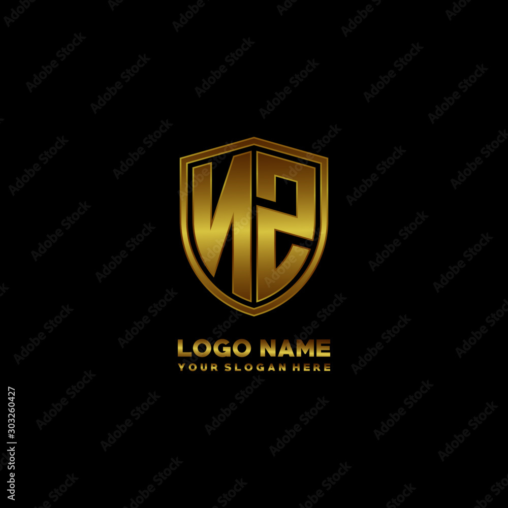 Initial letters NZ shield shape gold monogram logo. Shield Secure Safe logo design inspiration Initial letters NZ shield shape gold monogram logo. Shield Secure Safe logo design inspiration
