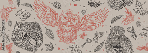 Owls. Retro seamless pattern. Old school tattoo style. Vintage fairy tale art...