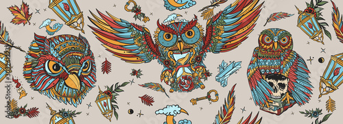 Owls seamless pattern. Old school tattoo style. Magic birds, traditional tattooing background. Fairy tale art