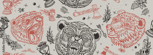 Bear head seamless pattern. Old school tattoo style. Vintage outdoor art. Aggressive grizzly background