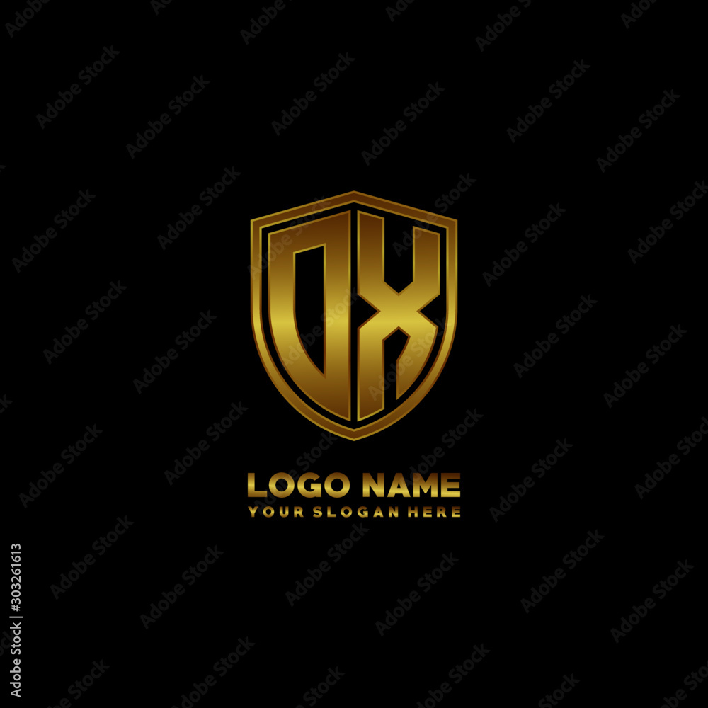 Initial letters OX shield shape gold monogram logo. Shield Secure Safe logo design inspiration Initial letters OX shield shape gold monogram logo. Shield Secure Safe logo design inspiration