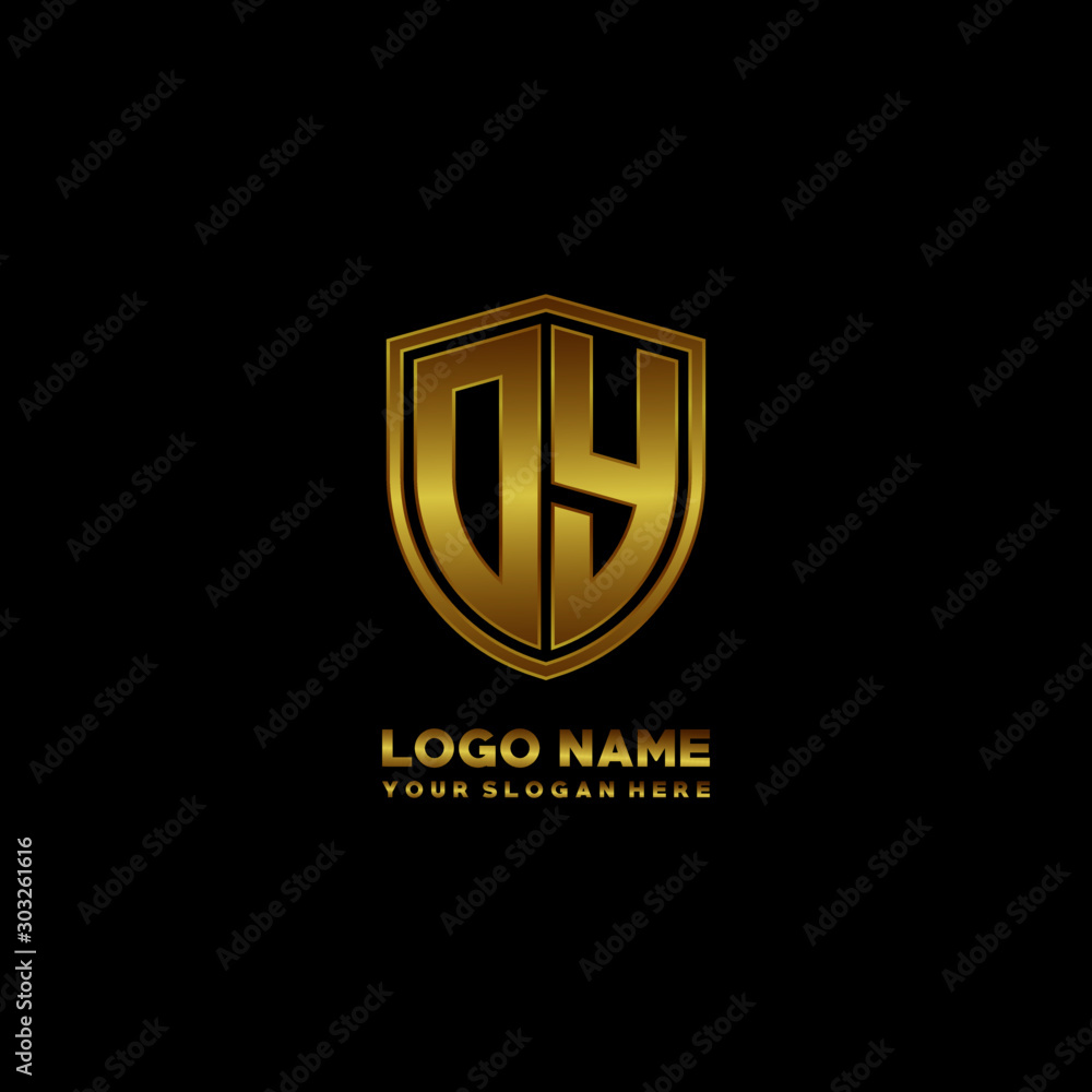 Initial letters OY shield shape gold monogram logo. Shield Secure Safe logo design inspiration Initial letters OY shield shape gold monogram logo. Shield Secure Safe logo design inspiration