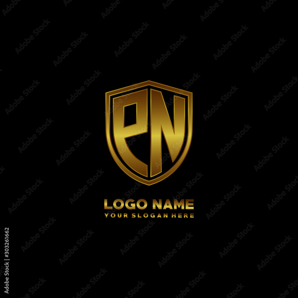 Initial letters PN shield shape gold monogram logo. Shield Secure Safe logo design inspiration Initial letters PN shield shape gold monogram logo. Shield Secure Safe logo design inspiration