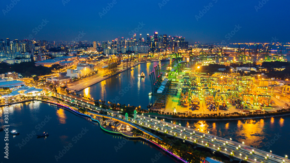 Aerial night view of Singapore harbor