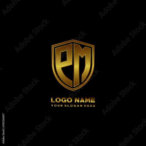 Free Download Initial letters PM shield shape gold monogram logo. Shield Secure Safe logo design inspiration - GFXLoad