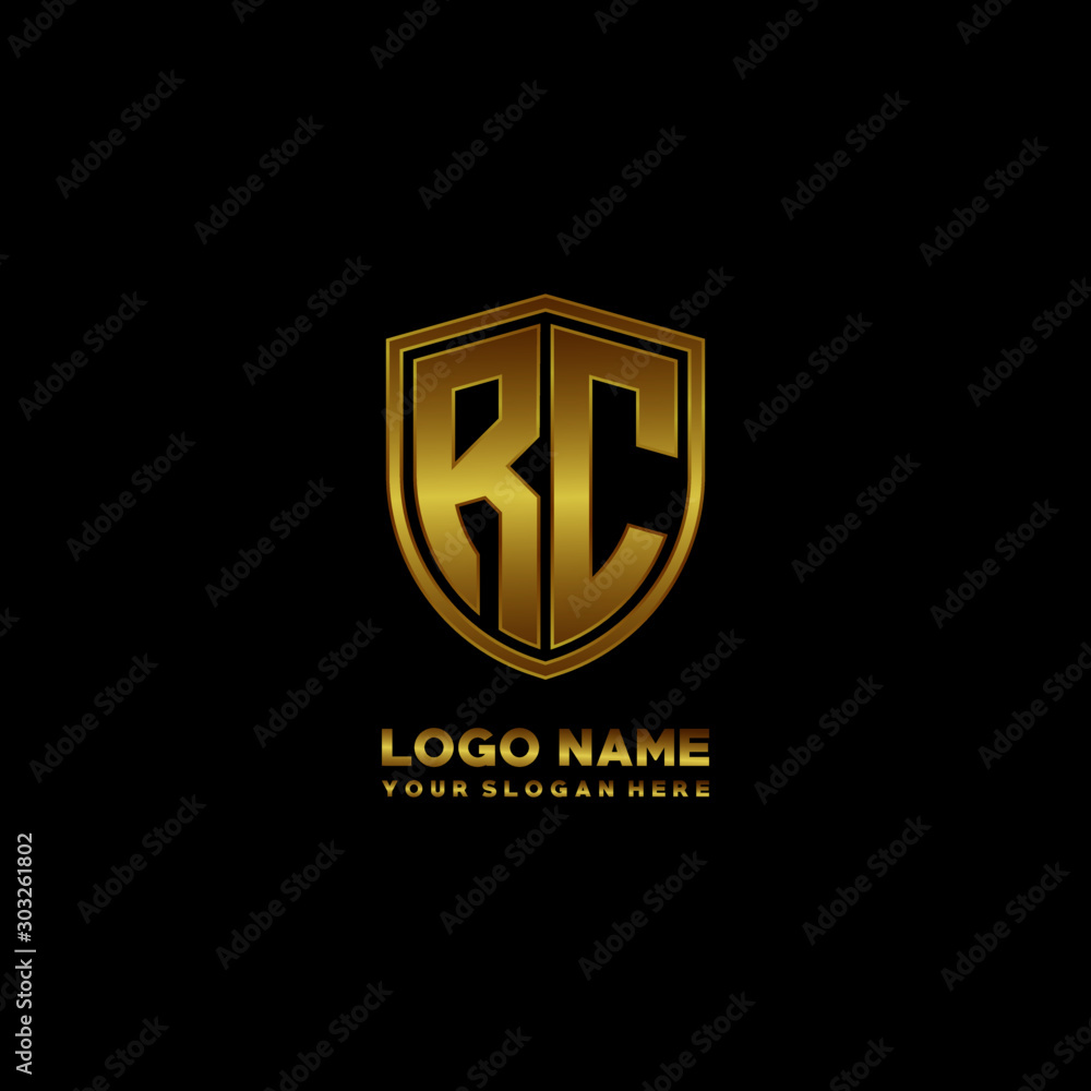 Initial letters RC shield shape gold monogram logo. Shield Secure Safe logo design inspiration Initial letters RC shield shape gold monogram logo. Shield Secure Safe logo design inspiration