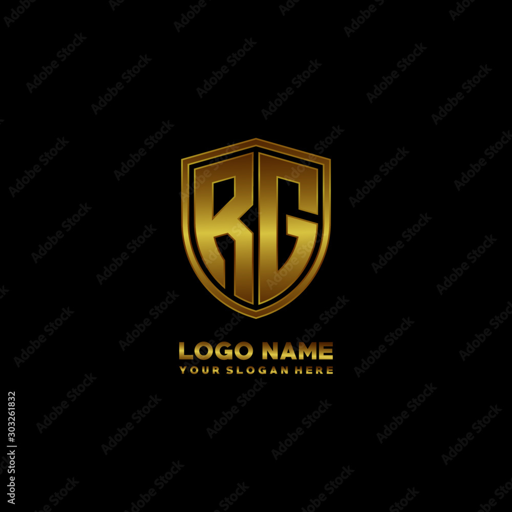 Initial letters RG shield shape gold monogram logo. Shield Secure Safe logo design inspiration Initial letters RG shield shape gold monogram logo. Shield Secure Safe logo design inspiration
