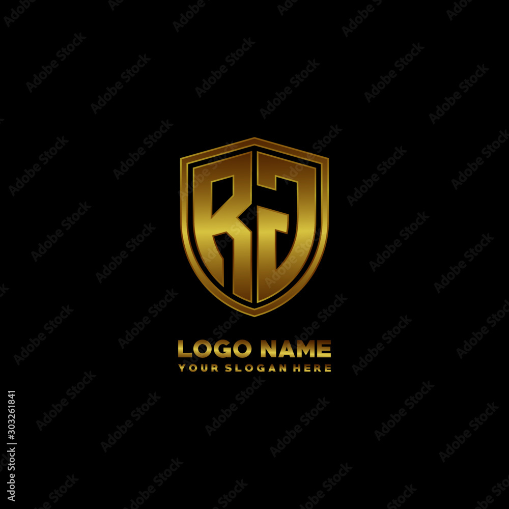 Initial letters RJ shield shape gold monogram logo. Shield Secure Safe logo design inspiration Initial letters RJ shield shape gold monogram logo. Shield Secure Safe logo design inspiration