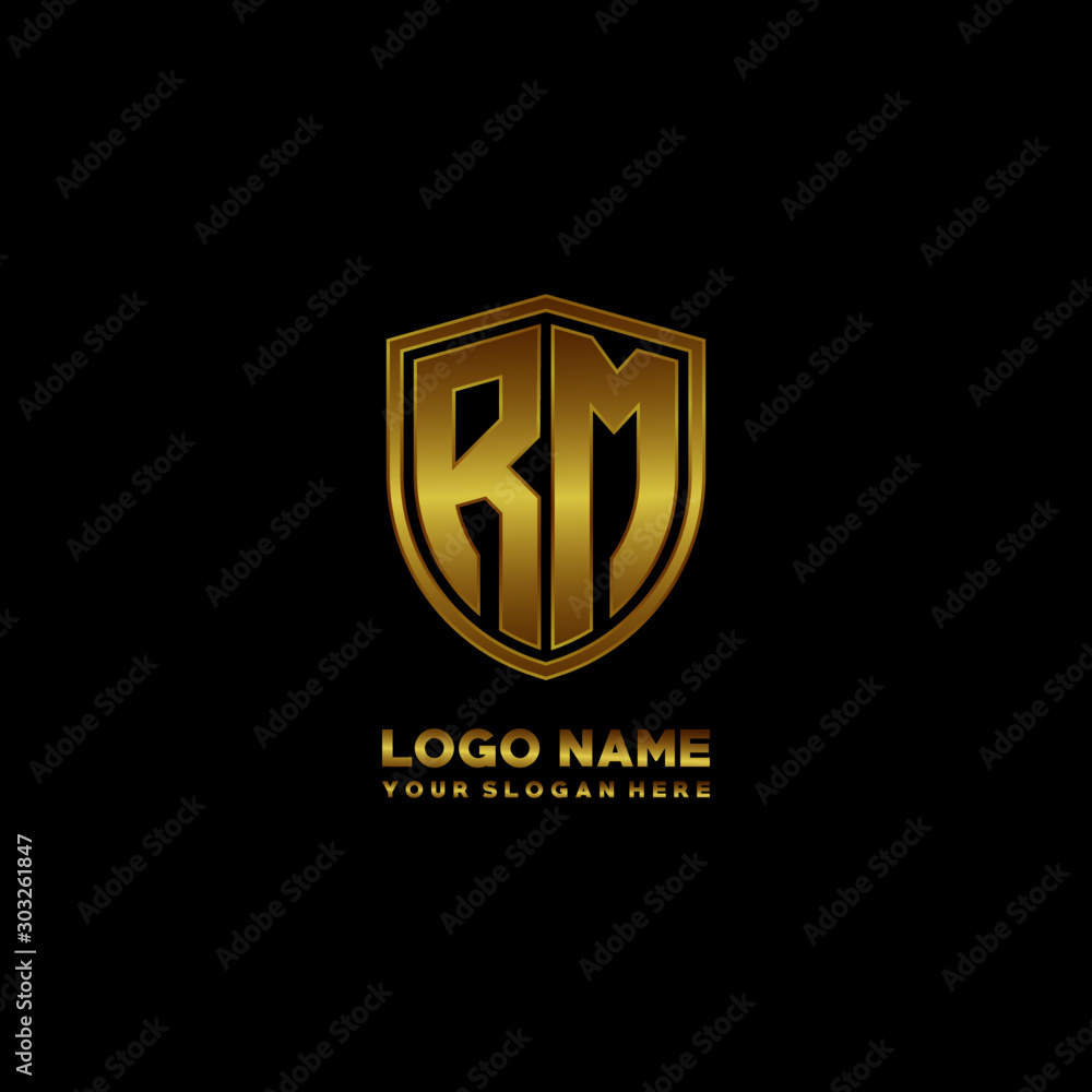 Initial letters RM shield shape gold monogram logo. Shield Secure Safe logo design inspiration Initial letters RM shield shape gold monogram logo. Shield Secure Safe logo design inspiration