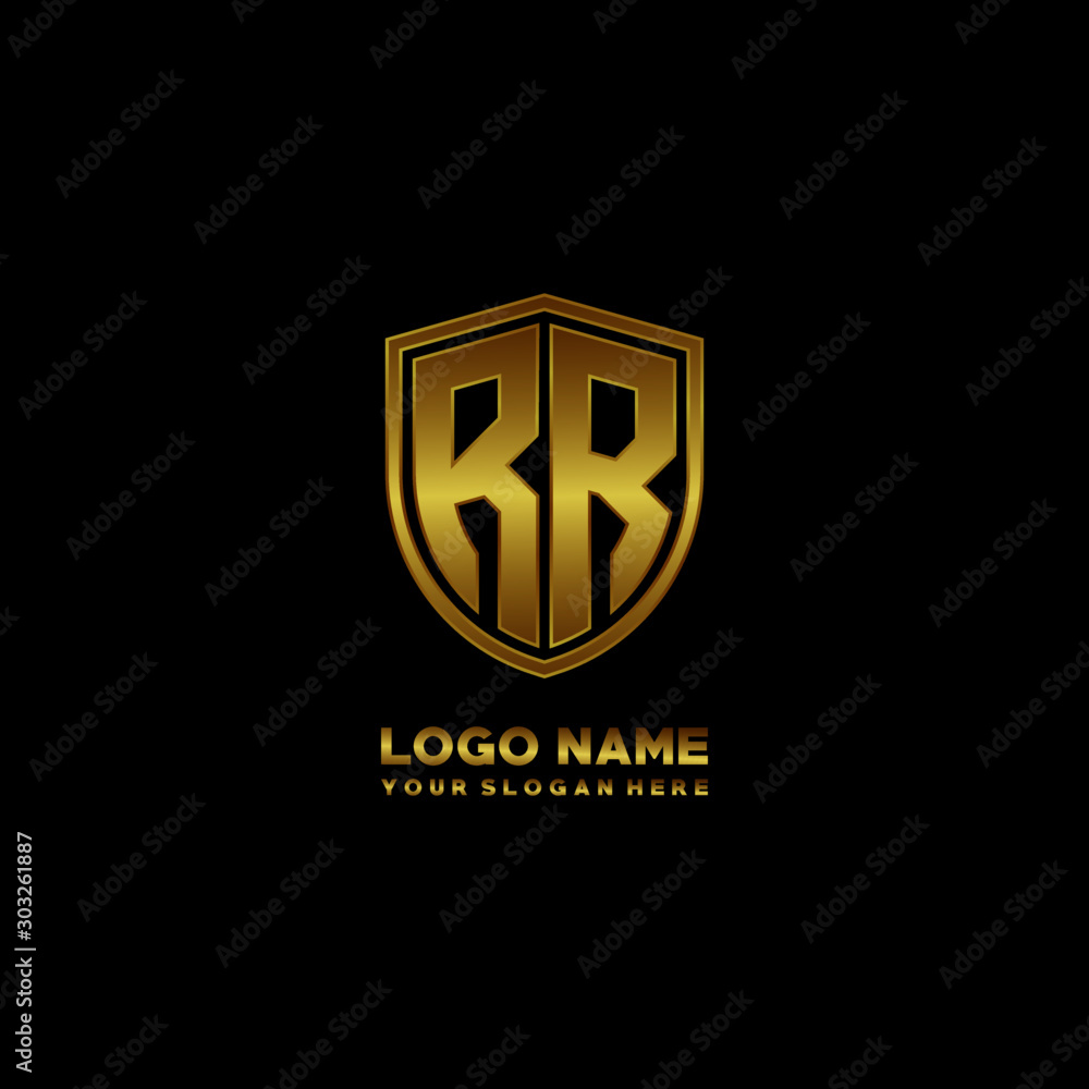 Initial letters RR shield shape gold monogram logo. Shield Secure Safe logo design inspiration Initial letters RR shield shape gold monogram logo. Shield Secure Safe logo design inspiration