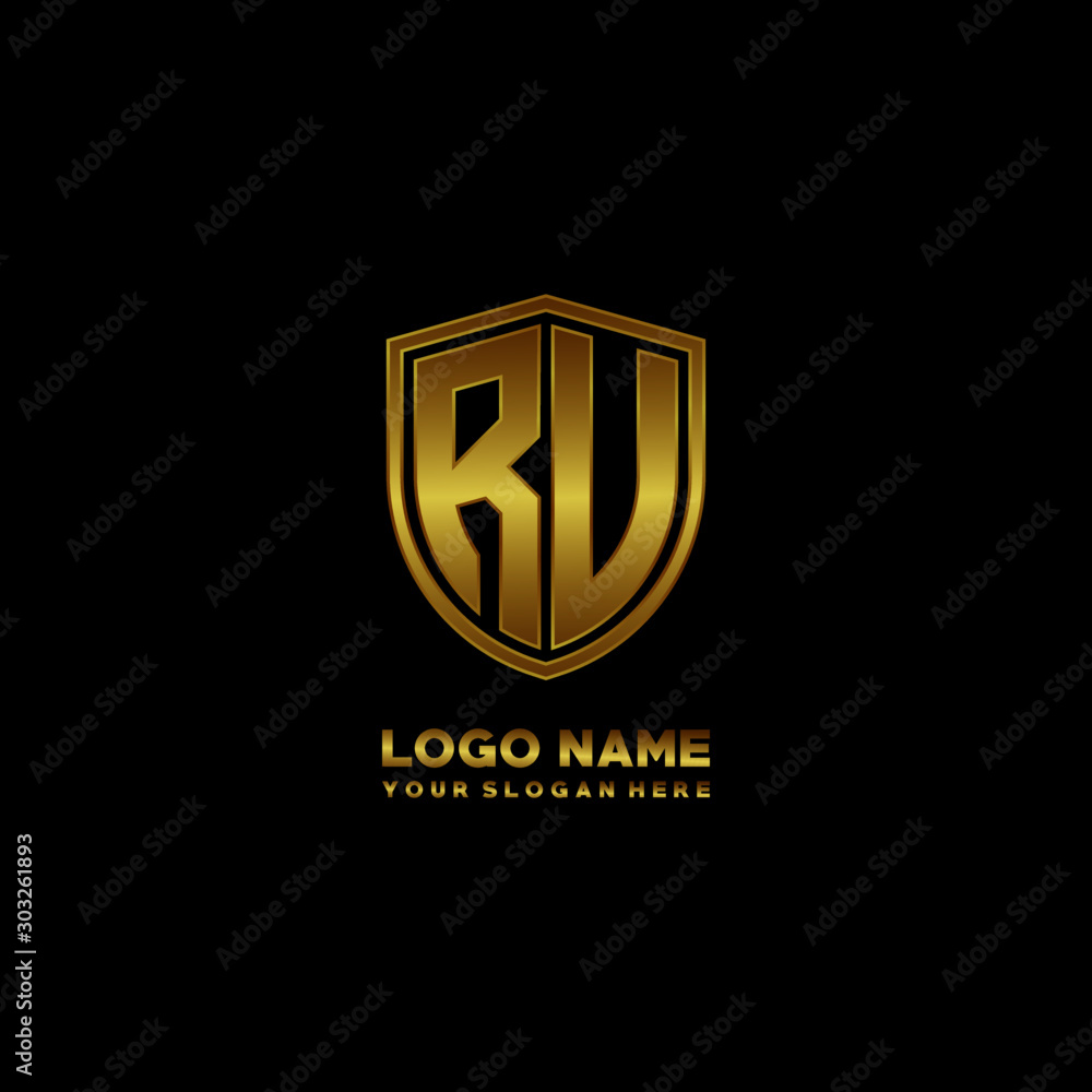 Initial letters RU, RV shield shape gold monogram logo. Shield Secure Safe logo design inspiration Initial letters RU, RV shield shape gold monogram logo. Shield Secure Safe logo design inspiration