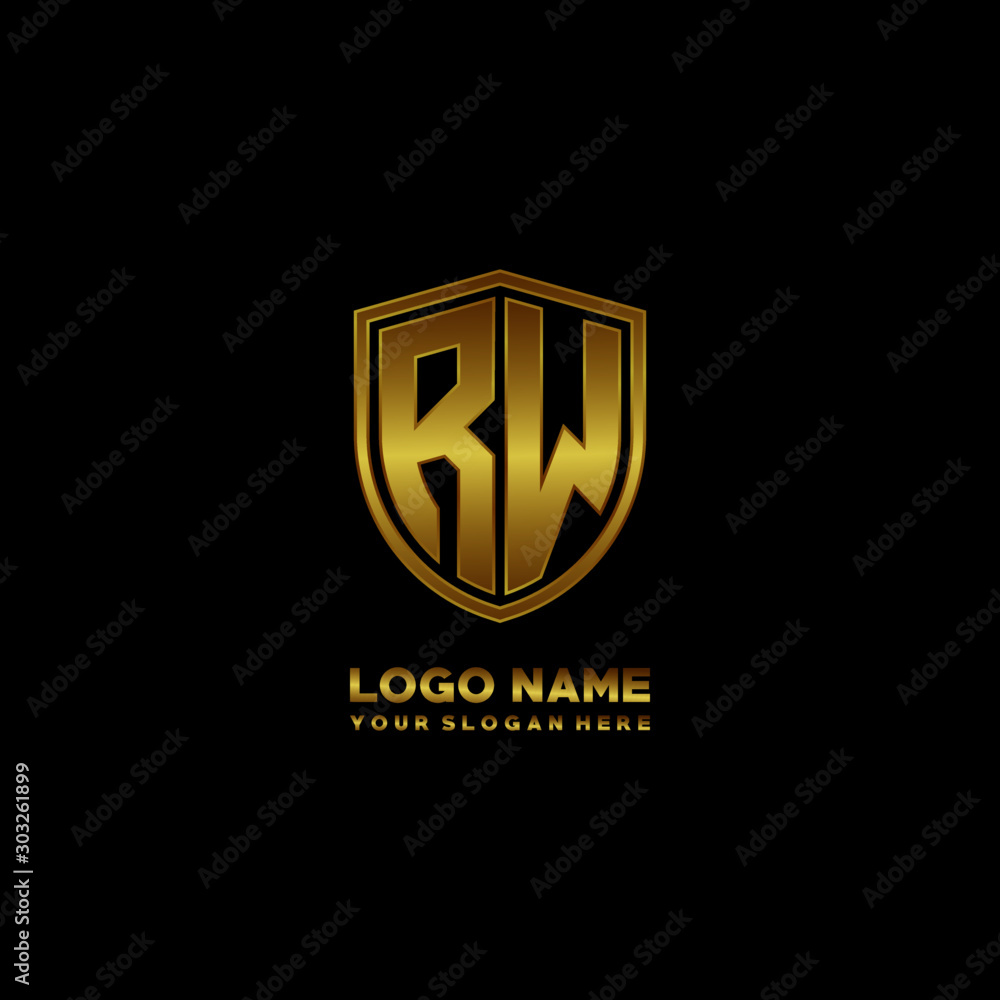 Initial letters RW shield shape gold monogram logo. Shield Secure Safe logo design inspiration Initial letters RW shield shape gold monogram logo. Shield Secure Safe logo design inspiration