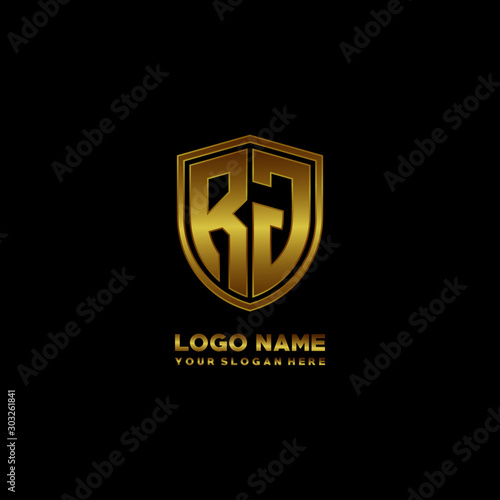 Initial letters RJ shield shape gold monogram logo. Shield Secure Safe logo design inspiration