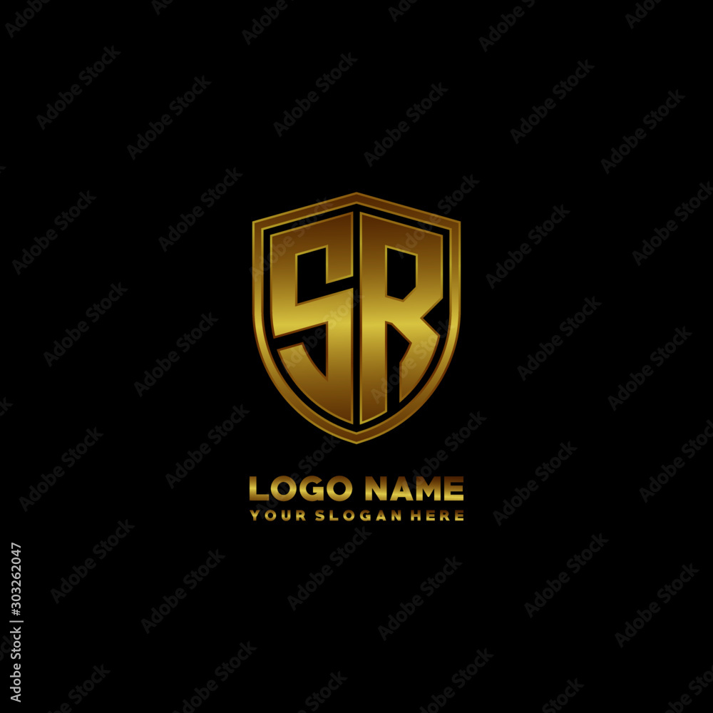 Initial letters SR shield shape gold monogram logo. Shield Secure Safe logo design inspiration Initial letters SR shield shape gold monogram logo. Shield Secure Safe logo design inspiration