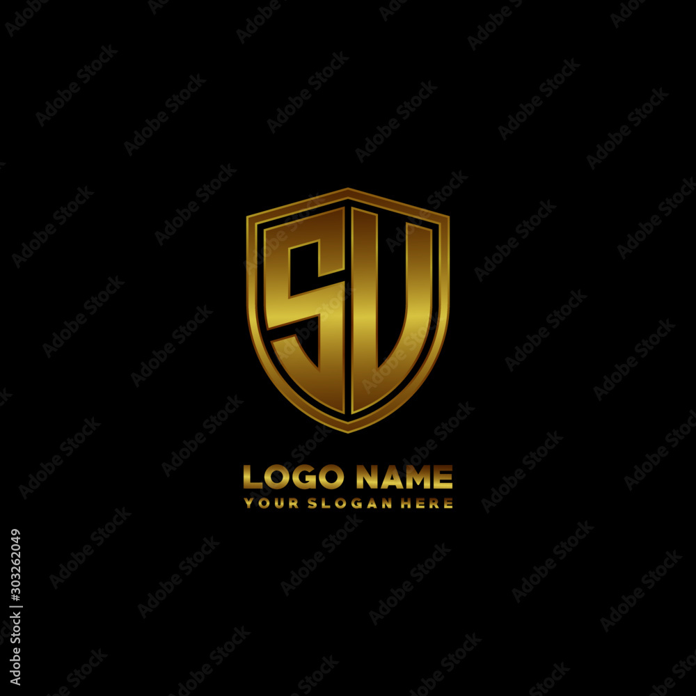 Initial letters SU SV shield shape gold monogram logo. Shield Secure Safe logo design inspiration Initial letters SU SV shield shape gold monogram logo. Shield Secure Safe logo design inspiration
