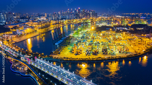 Amazing drone view of commercial port in Singapore