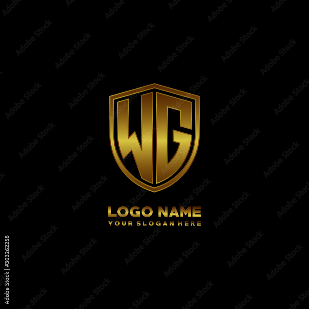 Initial letters WG shield shape gold monogram logo. Shield Secure Safe logo design inspiration Initial letters WG shield shape gold monogram logo. Shield Secure Safe logo design inspiration