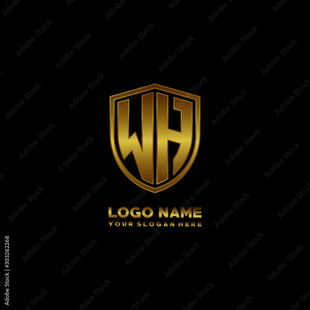 Initial letters WH shield shape gold monogram logo. Shield Secure Safe logo design inspiration Initial letters WH shield shape gold monogram logo. Shield Secure Safe logo design inspiration