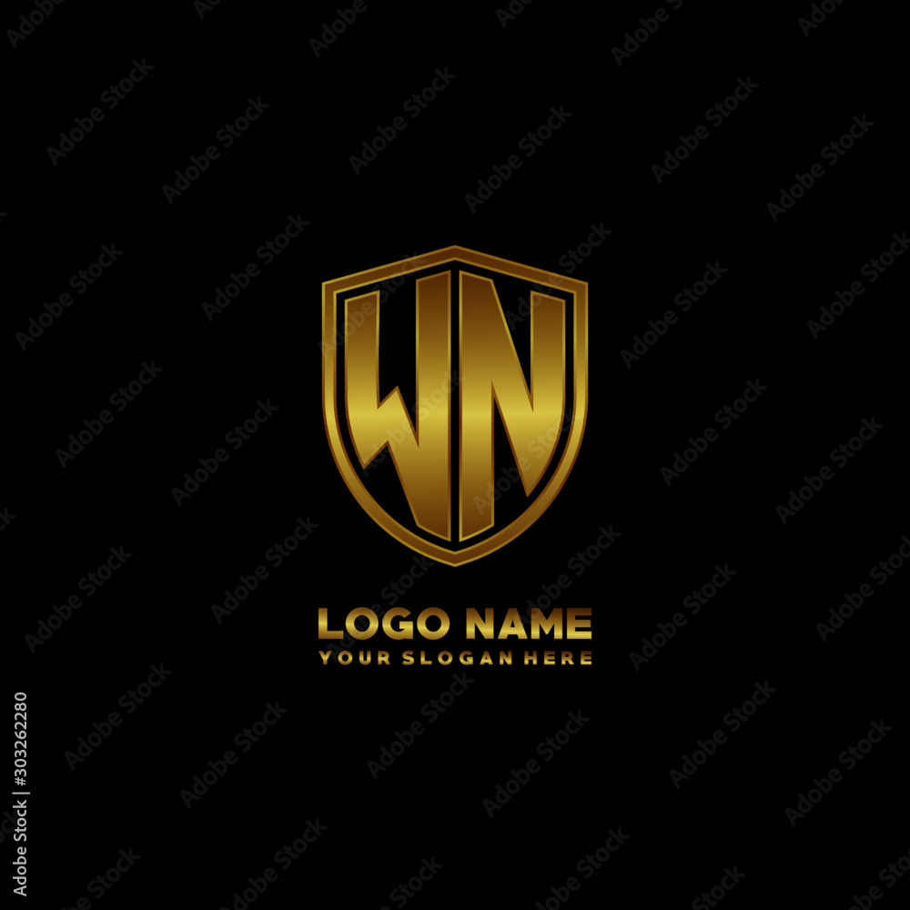 Initial letters WN shield shape gold monogram logo. Shield Secure Safe logo design inspiration Initial letters WN shield shape gold monogram logo. Shield Secure Safe logo design inspiration