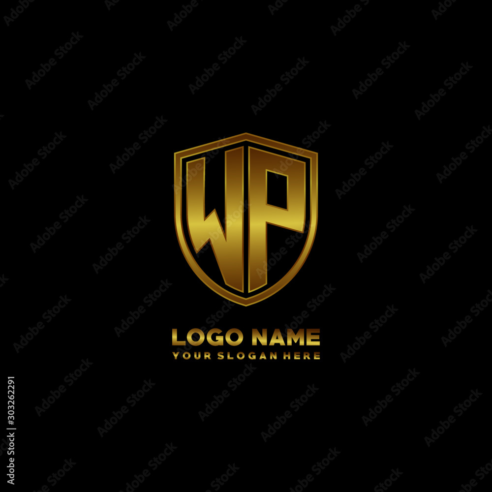 Initial letters WP shield shape gold monogram logo. Shield Secure Safe logo design inspiration Initial letters WP shield shape gold monogram logo. Shield Secure Safe logo design inspiration