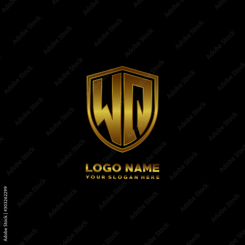 Initial letters WQ shield shape gold monogram logo. Shield Secure Safe logo design inspiration Initial letters WQ shield shape gold monogram logo. Shield Secure Safe logo design inspiration
