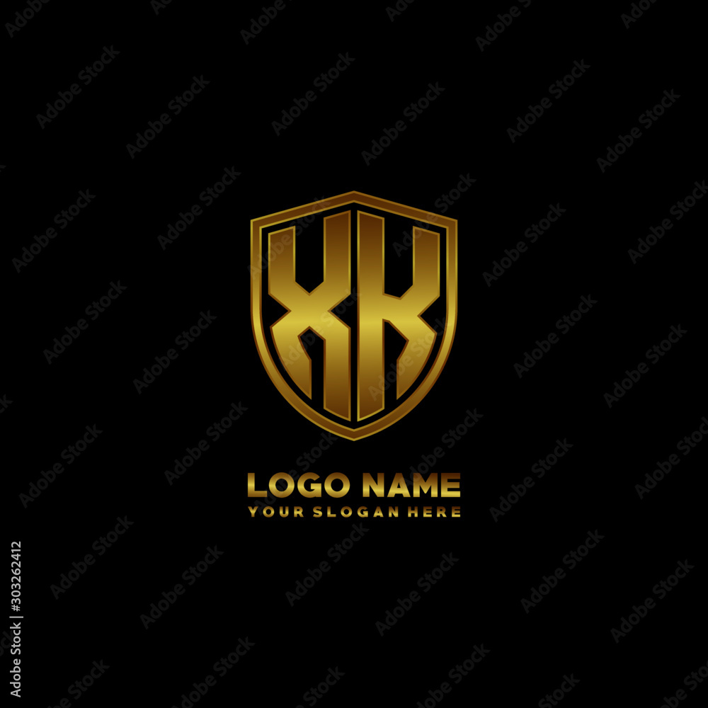 Initial letters XK shield shape gold monogram logo. Shield Secure Safe logo design inspiration Initial letters XK shield shape gold monogram logo. Shield Secure Safe logo design inspiration