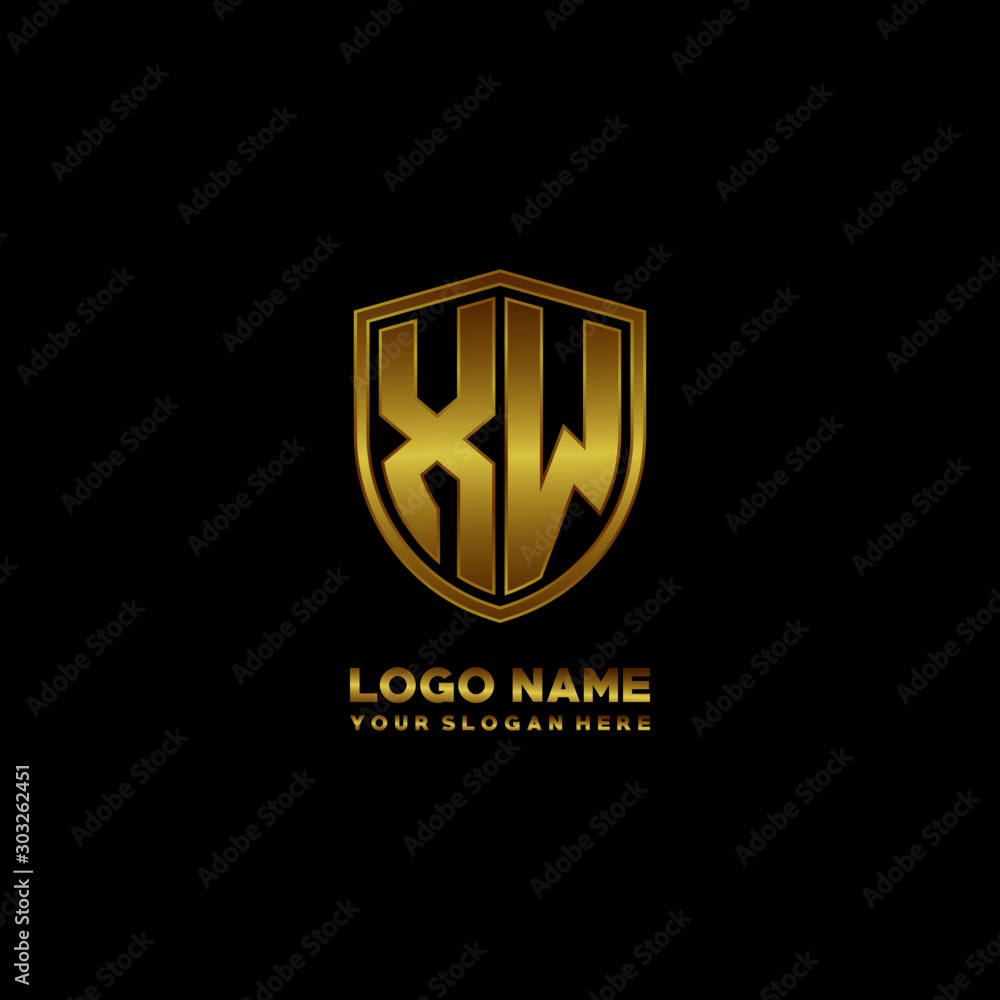 Initial letters XW shield shape gold monogram logo. Shield Secure Safe logo design inspiration Initial letters XW shield shape gold monogram logo. Shield Secure Safe logo design inspiration