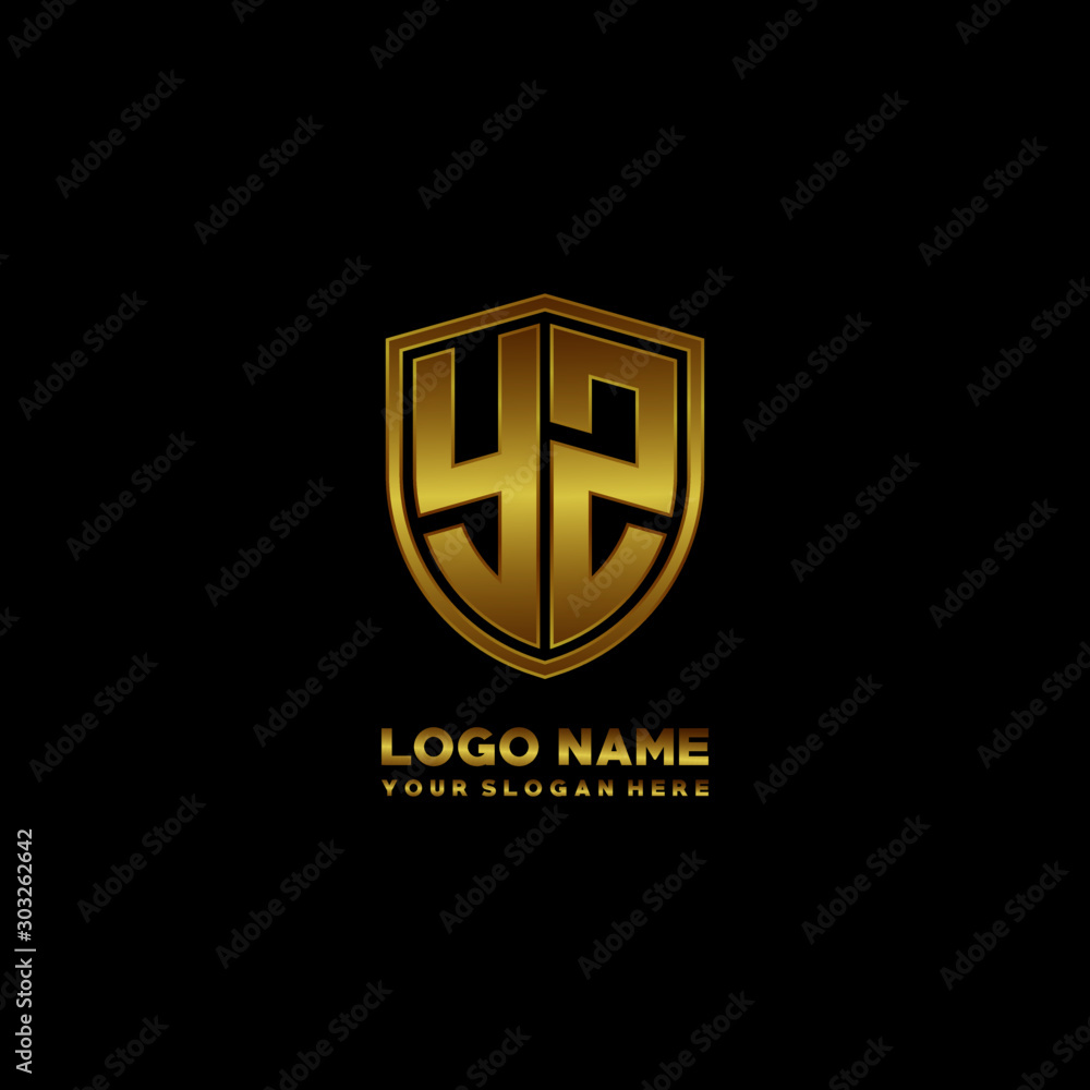 Initial letters YZ shield shape gold monogram logo. Shield Secure Safe logo design inspiration Initial letters YZ shield shape gold monogram logo. Shield Secure Safe logo design inspiration