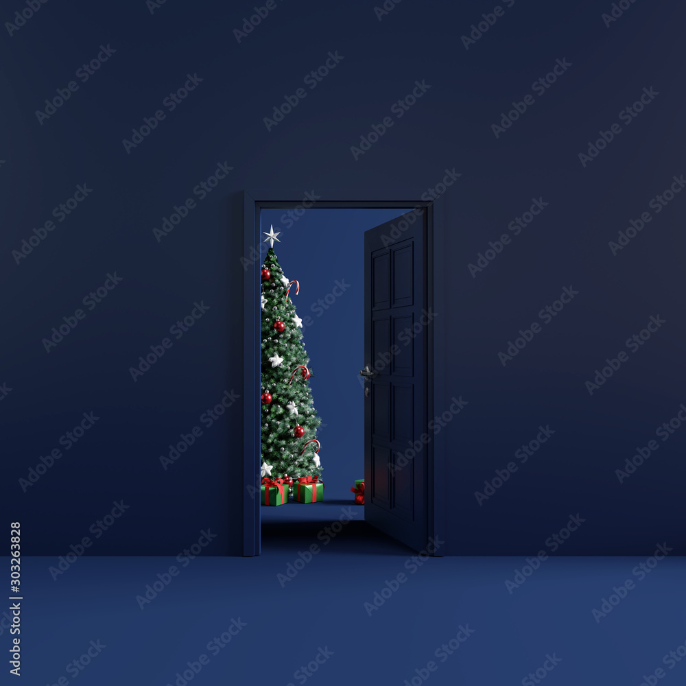 Christmas room with open door. 3d rendering - obrazy, fototapety, plakaty 