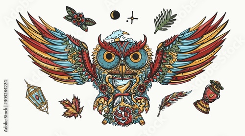 Owl portrait. Old school tattoo collection. Fairy tale elements.