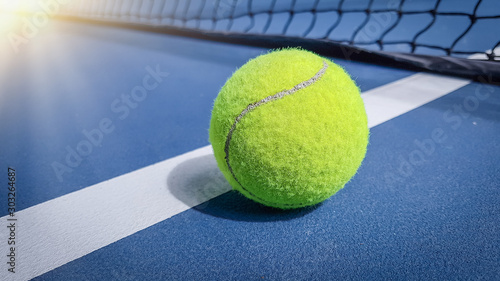 Close-up shots of tennis balls in tennis courts With a mesh as a blurred background And the light shining on the ground makes the image beautiful © Ping198