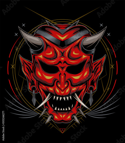 Demon head. kabuki illustration. red devil face illustration. vector head of red demon. japanese demon mask