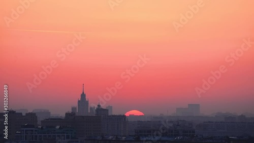 Timelapse of sunrise over Moscow close-up.