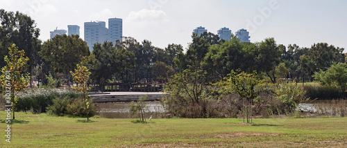 panorama of a pond in yarkon park in north tel aviv israel with high rise buildings in the background and an egret on the lawn in the foreground photo