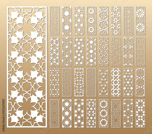 Laser cut vector panels (ratio 1:3). Cutout silhouette with geometric seamless pattern. The set is suitable for engraving, laser cutting wood, metal, stencil manufacturing.