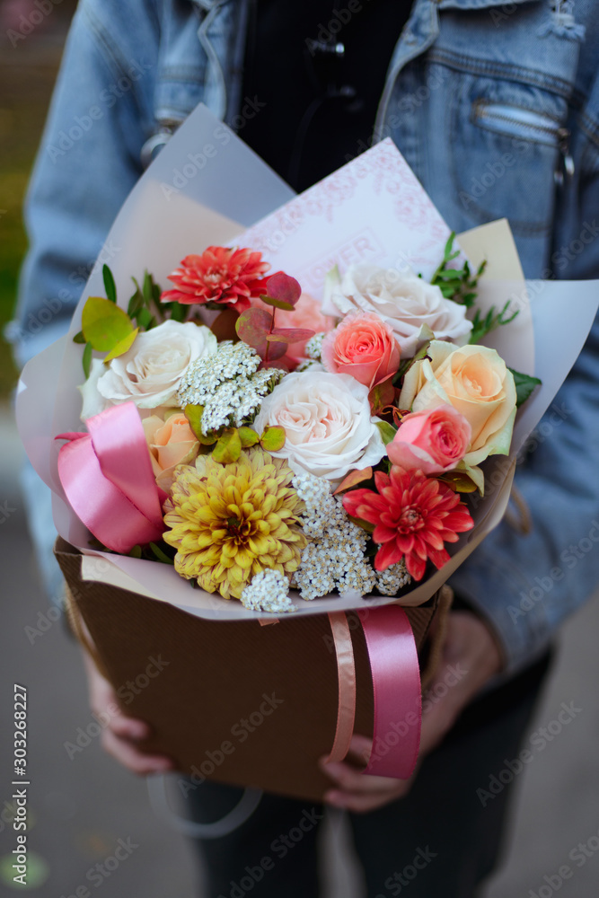Bouquet of flowers. Natural fresh flower. Rose, anemone, buttercup, matthiola, tulip, eucalyptus, daffodil, chamomile, gerbera, dahlia, orchid, lotus, iris, lilac, gardenia, jasmine, magnolia, hyacint Bouquet of flowers. Natural fresh flower. Rose, anemone, buttercup, matthiola, tulip, eucalyptus, daffodil, chamomile, gerbera, dahlia, orchid, lotus, iris, lilac, gardenia, jasmine, magnolia, hyacint