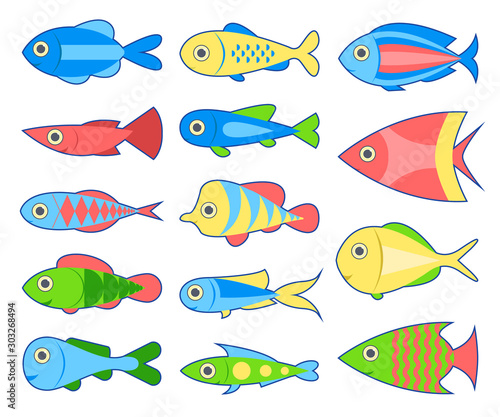Set of fish. Bright tropical fish isolated on white background. Vector illustration.