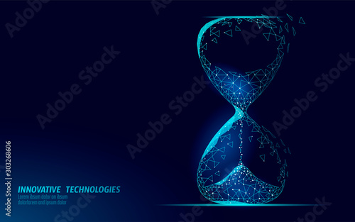 Hourglass 3D low poly dark time of life concept. Deadline present future and past hours gone. Time stream flow value. Creative opportunity ideas schedule vector illustration