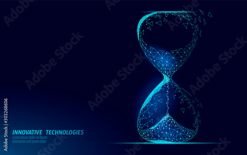 Hourglass 3D low poly dark time of life concept. Deadline present future and past hours gone. Time stream flow value. Creative opportunity ideas schedule vector illustration photo