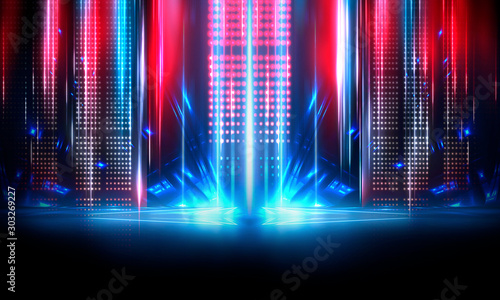 Background of empty show scene. Empty dark modern abstract neon background. Glow of neon lights on an empty stage  diodes  rays and lines. Lights of the night city.
