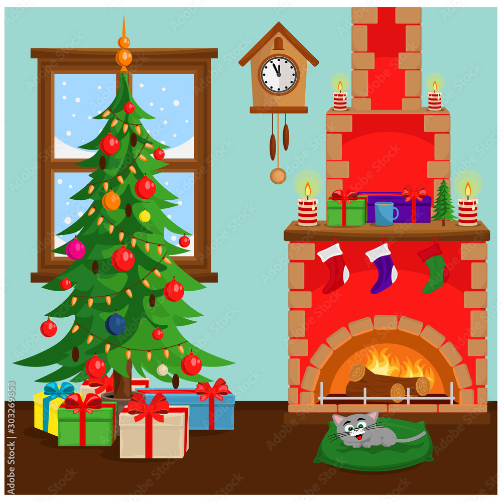 Cozy room decorated for the new year and Christmas with a Christmas tree, gifts and a fireplace. Vector illustration.