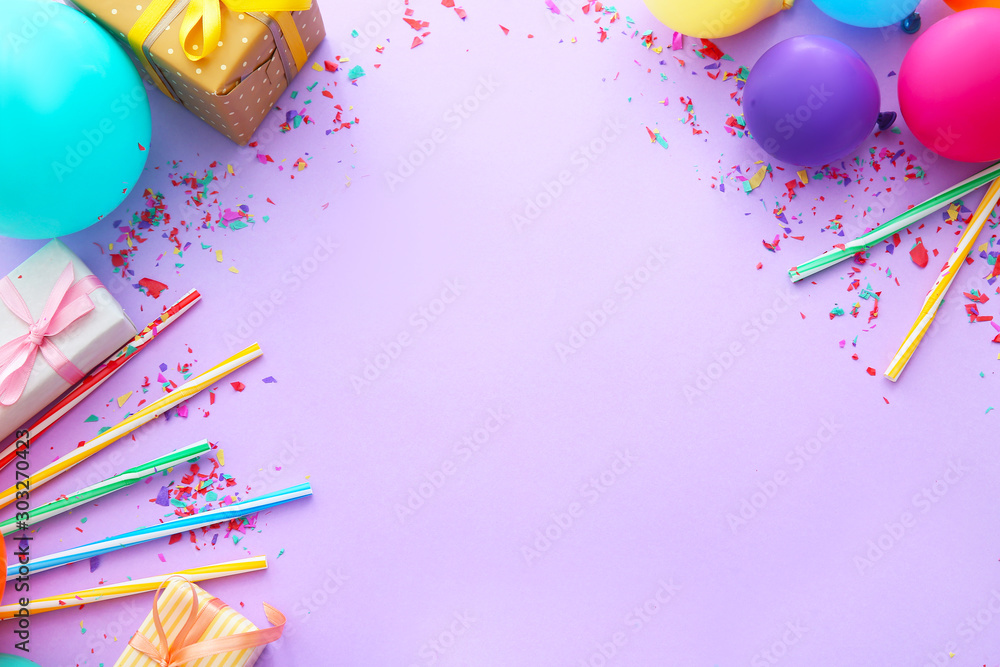 Composition with balloons, gifts and place for text on color background - obrazy, fototapety, plakaty 