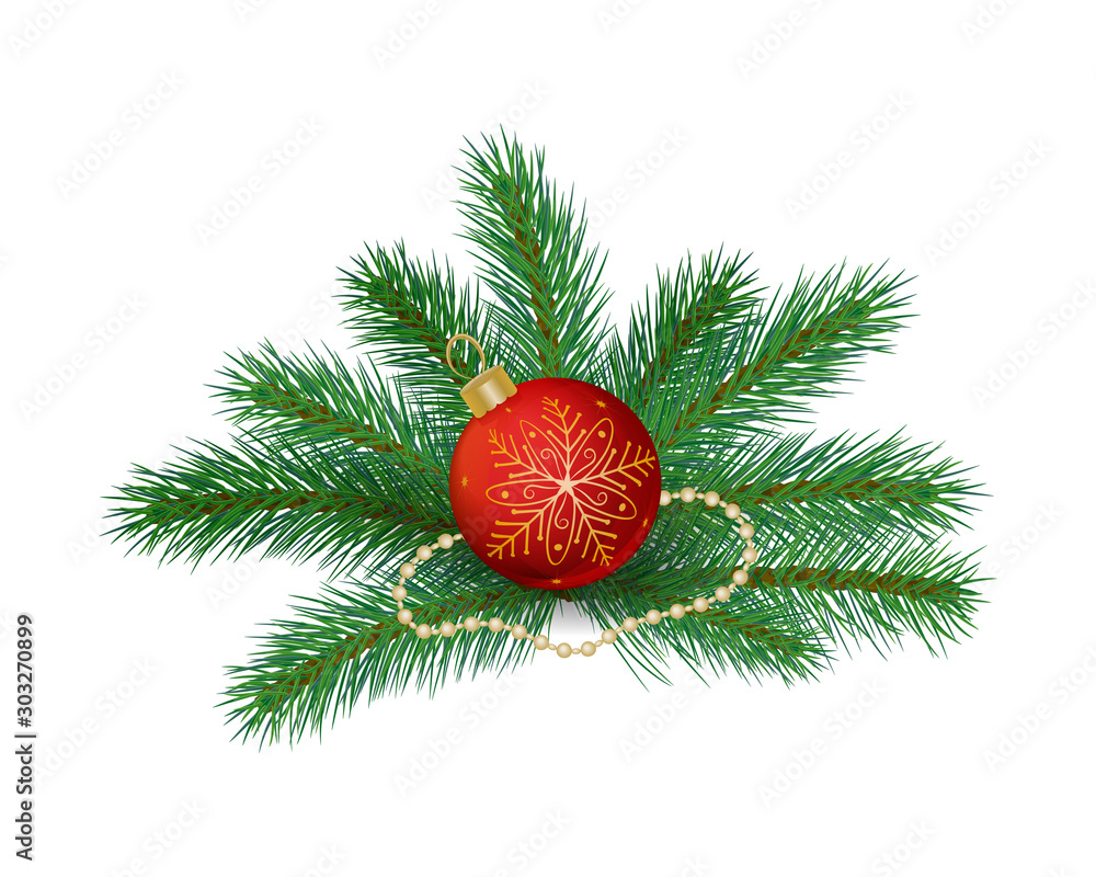 Vector illustration. Red Christmas ball on the branches of spruce. Isolated object on a white background Vector illustration. Red Christmas ball on the branches of spruce. Isolated object on a white background