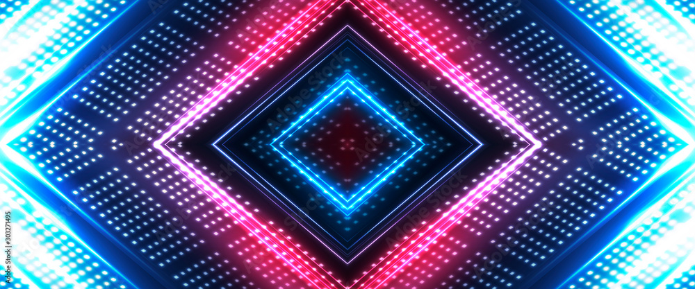 Background of empty show scene. Empty dark modern abstract neon background. Glow of neon lights on an empty stage, diodes, rays and lines. Lights of the night city. Background of empty show scene. Empty dark modern abstract neon background. Glow of neon lights on an empty stage, diodes, rays and lines. Lights of the night city.